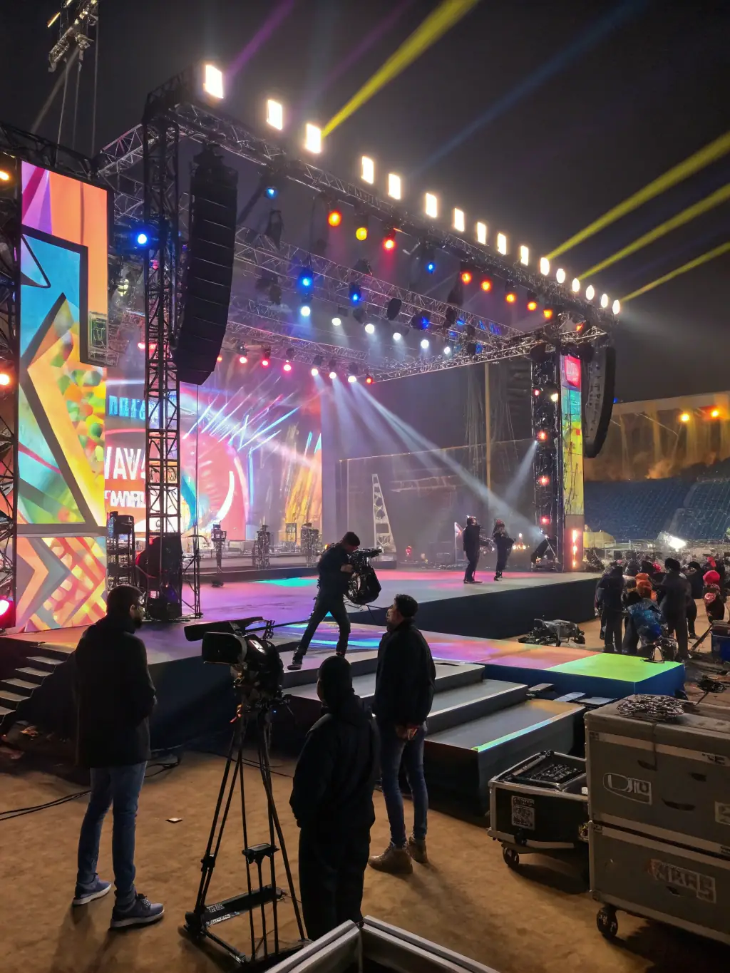 A vibrant event stage with custom fabrications and lighting, highlighting FabriCreations' event setup solutions.