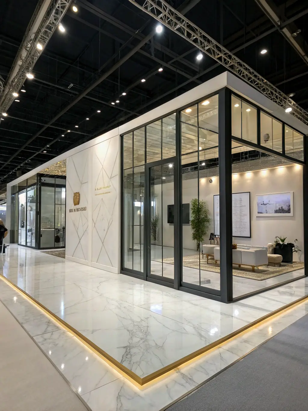 An image of a modern exhibition booth with dynamic lighting and branding elements, showcasing FabriCreations' expertise in exhibition fabrication.